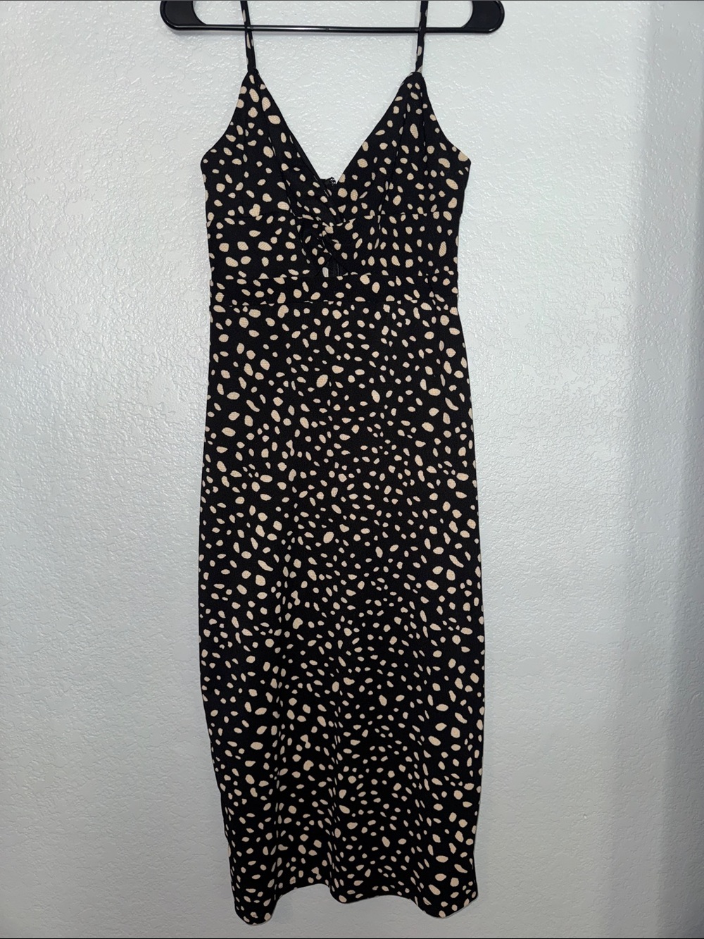 Francesca's Collections Black Slip Midi Dress with Beige Spot Print